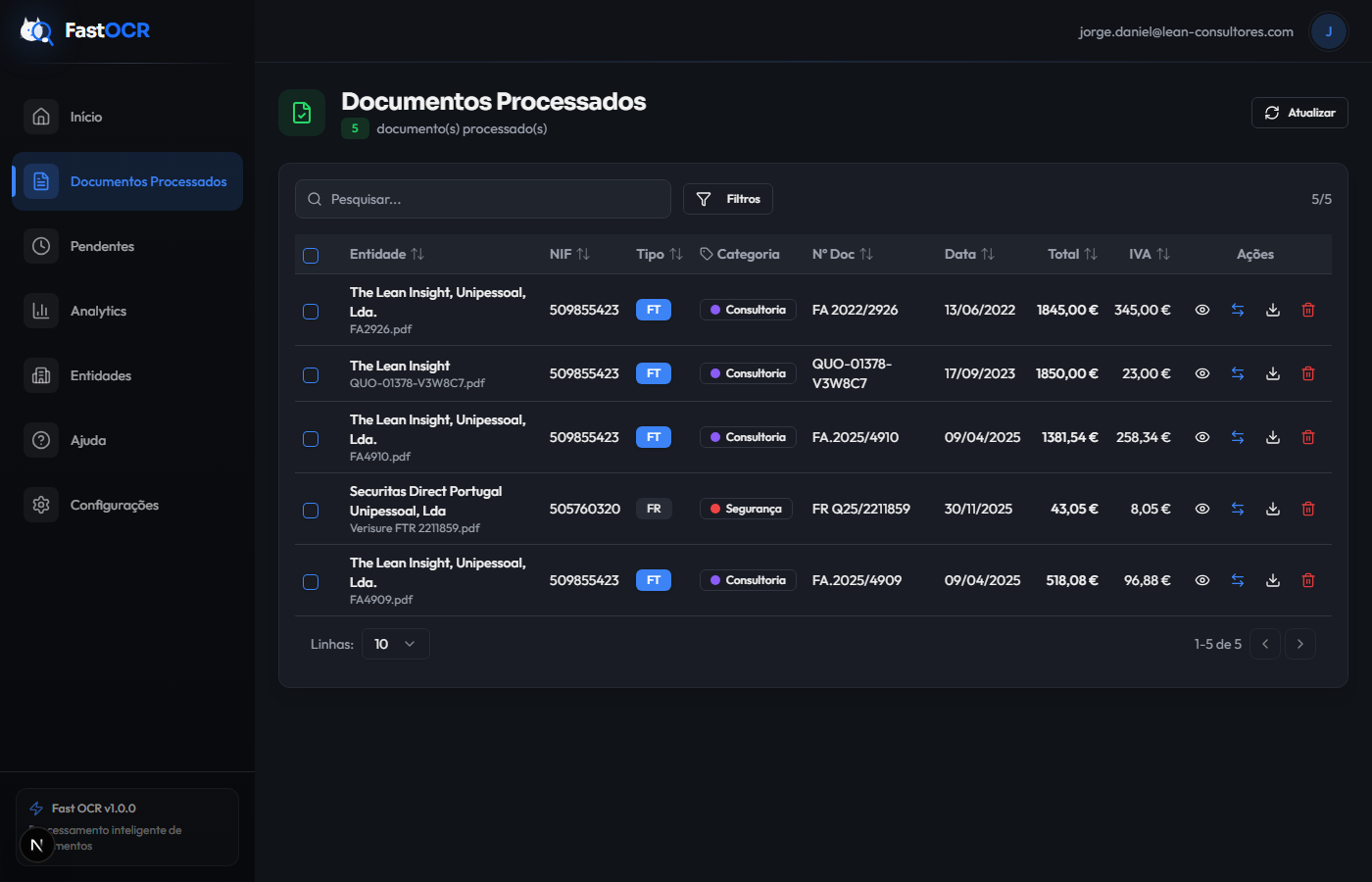 FastOCR - Lista de faturas processadas automaticamente